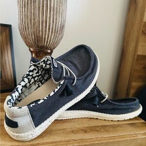 Hey Dude Black and Cream Slip-On Loafers